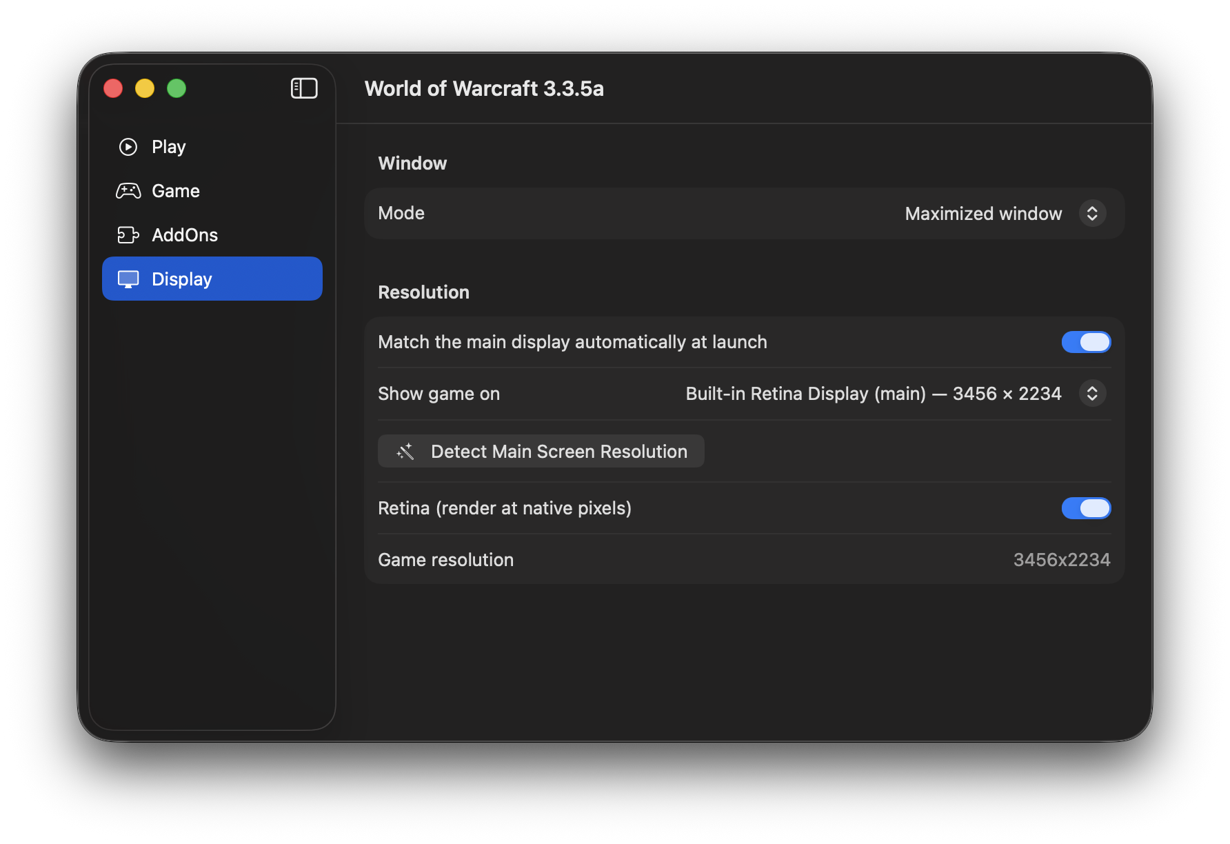 WoW Launcher — Display settings